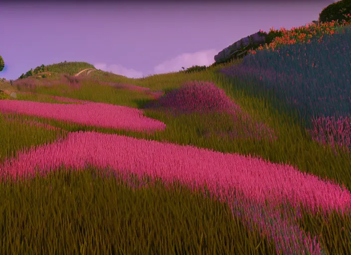 Image similar to fields full of flowers, pink and pyrple trees and blue sky with hills in the background. Intricate. Very detailed 8k. Fantasy horror. Sharp. Cinematic post-processing. Unreal engine. Nanite. Ray tracing. Parallax. Tessellation