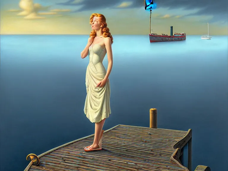 Image similar to a fancy beautiful woman standing on a wharf at the edge of a cold sea by rob gonsalves and vladimir kush and ruth deckard and gil elvgren and harry ekman and george petty and hilo chen, crisp details, hyperrealism, high detail, high contrast, low light, grey mist, cobblestones, dim lantern