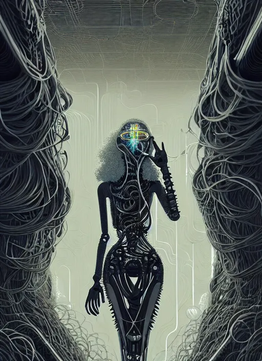 Image similar to highly detailed portrait of a biomechanical long curly white hair tribal lady, stray wiring by atey ghailan, james gilleard, by joe fenton, by greg rutkowski, by greg tocchini, by kaethe butcher, 4 k resolution, gradient yellow, black and white color scheme!!! ( ( dystopian robotic tessellating pyramid pouring sandfall background ) )