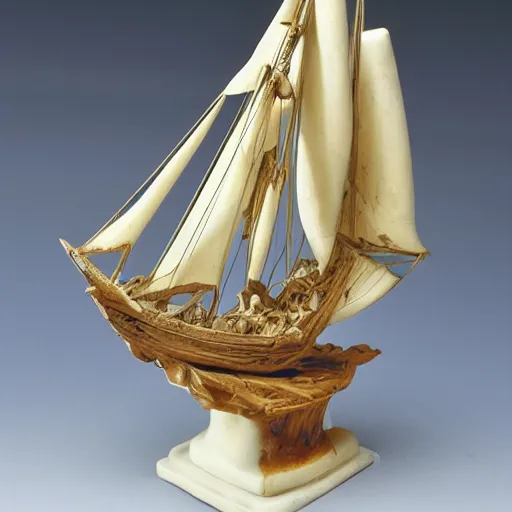 Prompt: priceless figurine of an old ship carved out of ivory, Bernini