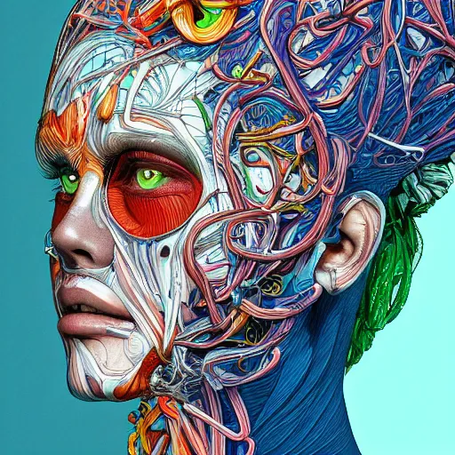 Prompt: the anatomical face of a ridiculously beautiful and pretty woman partially made of onion rings of all colors looking up, an ultrafine detailed illustration by james jean, final fantasy, intricate linework, bright colors, behance contest winner, vanitas, angular, altermodern, unreal engine 5 highly rendered, global illumination, radiant light, detailed and intricate environment