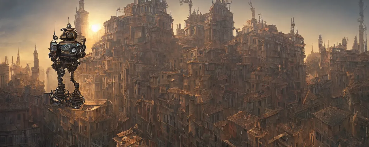 Image similar to a small cute steampunk robot standing on top of a building ledge overlooking a large renaissance steampunk city at sunset, backlit, by Eddie Mendoza , raphael lacoste, Andree Wallin, cinematic lighting, 8k, very detailed, ornate, beautiful composition,