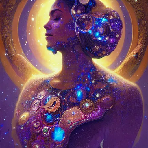 Image similar to portrait of a cosmic goddess, suit made out of stars and galaxies and cosmic energy, intricate, headshot, highly detailed, digital painting, artstation, concept art, sharp focus, cinematic lighting, illustration, art by artgerm and greg rutkowski, alphonse mucha, cgsociety