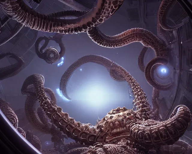 Prompt: a giant cosmic space kraken attacking an orbital space station, hyper realistic, volumetric lighting, intricately detailed, cosmic horror, Art station, Epic scale, art by Greg Rutkowski, art by Ruth Asawa, art by Ted Nasmith, art by H.R. Giger, Octane render, Unreal Engine 3D