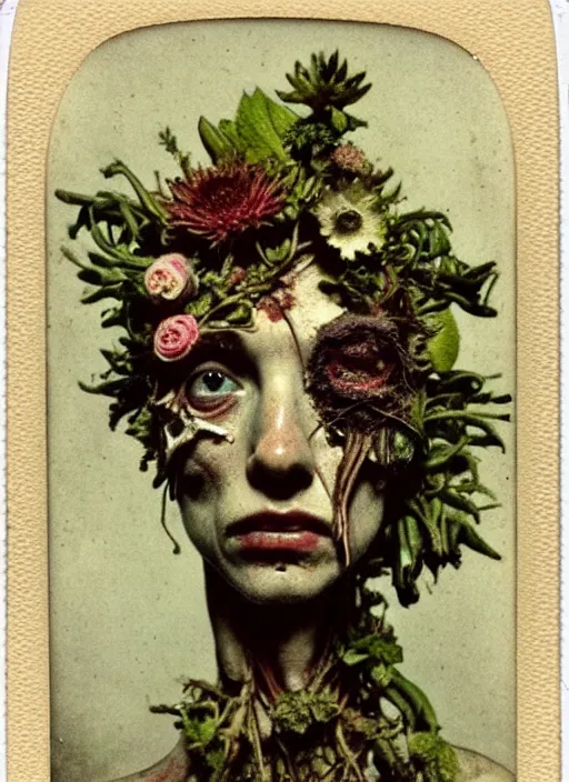 Image similar to beautiful and detailed rotten woman made of plants and many different types of flowers, muscles, intricate, organs, ornate, surreal, john constable, guy denning, gustave courbet, caravaggio, 1 9 1 0 polaroid photo