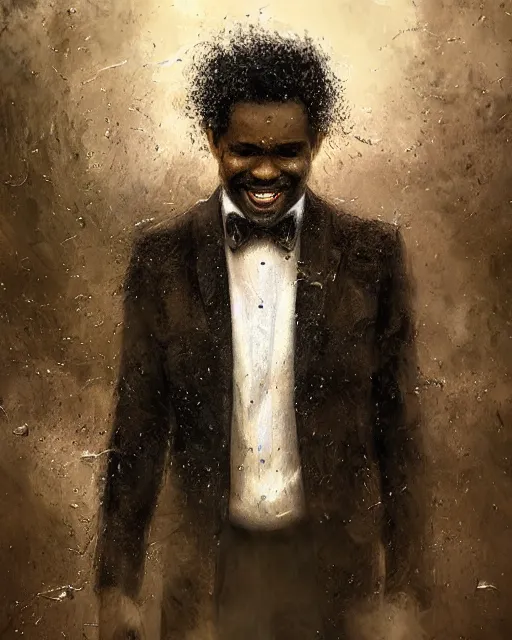 Image similar to a highly detailed portrait of black man smiling in the rain in a back tuxedo, wispy tendrils of smoke, intricate, digital painting, old english, raining, sepia, particles floating, whimsical background by marc simonetti, artwork by liam wong