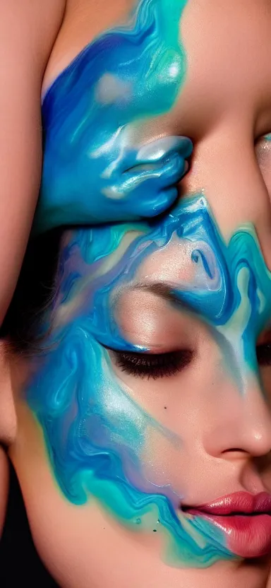 Prompt: 3 d female body silhouette sleeping in marbling liquid acrylic fluid, cinestill, bokeh photography, photography by amy leibowitz and volfgang schneider, bodypainting, painting by morava and goldalh, artstation, epic concept art, beautiful female face matte painting