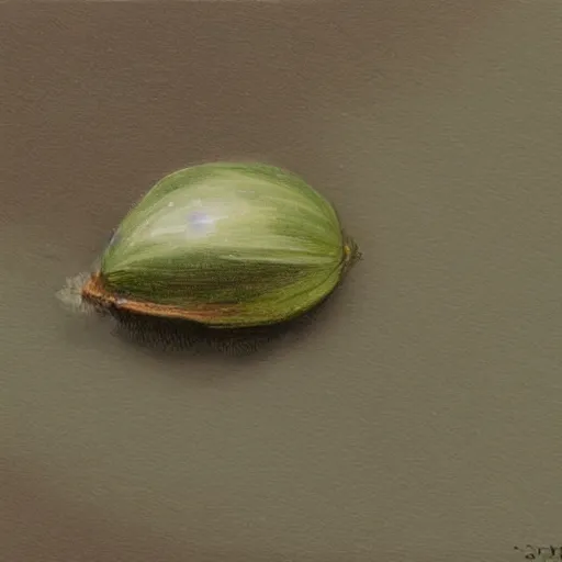 Image similar to detailed painting of a single small seed sitting on loose fresh earth, ready to plany. muted colors and natural tones.