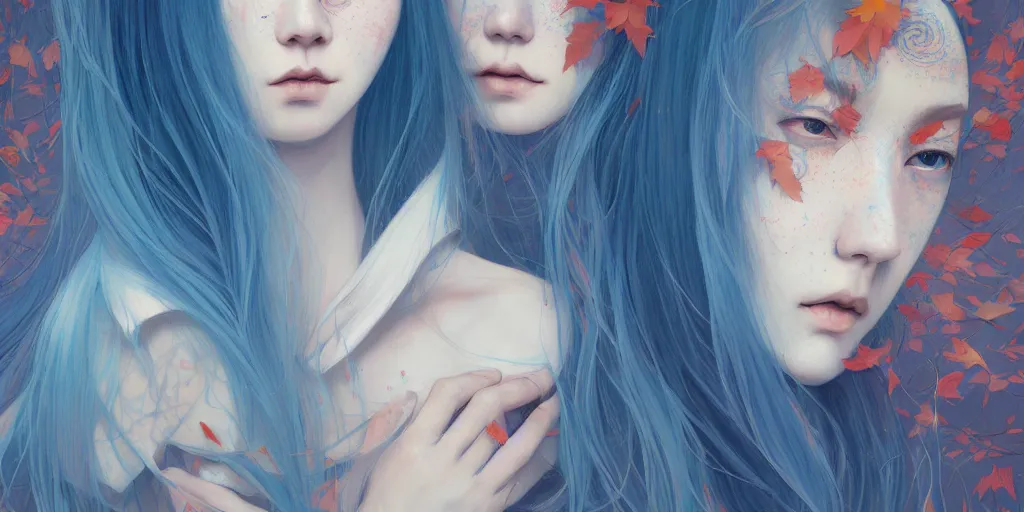 Image similar to breathtaking detailed concept art painting pattern with gradient pastel colors of blue hair faces goddesses amalgamation autumn leaves with anxious piercing eyes, by hsiao - ron cheng and james jean, bizarre compositions, exquisite detail, 8 k