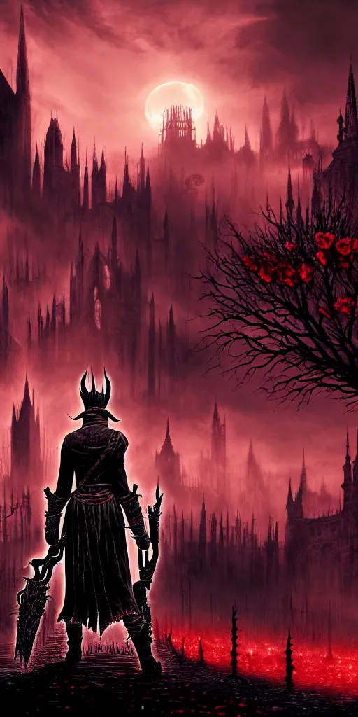 Image similar to populated bloodborne old valley with a dark person at the centre and a ruined gothic city in the background, trees and stars in the background, falling red petals, epic red - orange moonlight, perfect lightning, wallpaper illustration by niko delort and kentaro miura, 4 k, ultra realistic