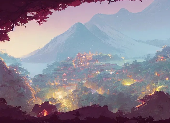 Image similar to concept art painting of a distant small woodland village by a river in a mountain valley seen from above, midnight, european japanese buildings, cel shaded, realistic, by makoto shinkai and moebius and anton fadeev and greg rutkowski and james gurney