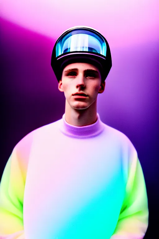 Image similar to high quality pastel coloured film mid angle portrait photograph of a beautiful young 2 0 year old male, soft features, short hair, perspex space visor and oversized inflated clothing!!!! icelandic black! rock pool environment. atmospheric three point light. photographic. art directed. ( pastel colours ). volumetric. clearcoat. waves. 8 k. filmic.