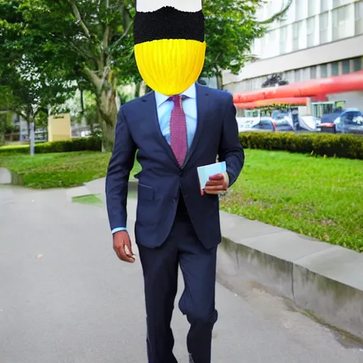 Image similar to a person with suit that has a banana head