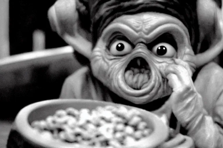 Image similar to E.T. eating a bowl of Cheerios cereal black and white Spielberg 35mm film cinematic 4k