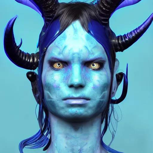 Prompt: blue djinn, demon, horns, 3rd eye, by Maciej Kuciara and Jason Chan, ominous, cosmic horror, trending on artstation, Ultra detailed, hyper realistic