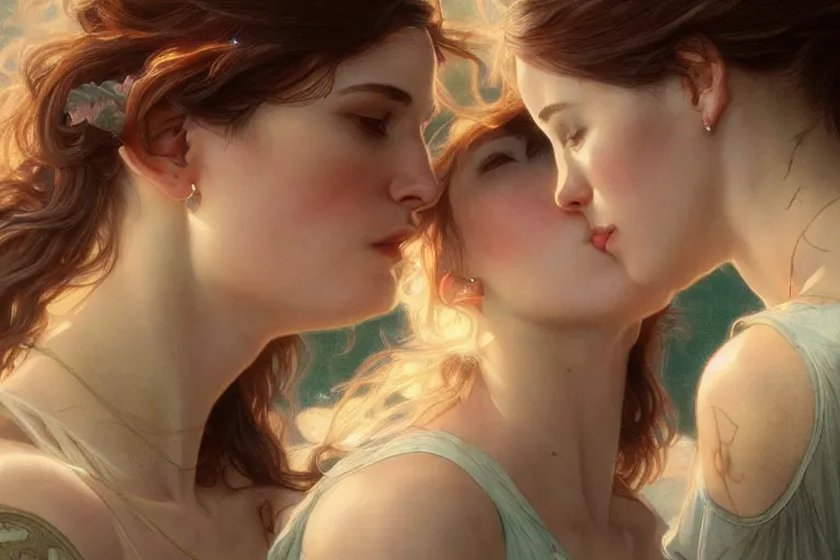 Image similar to Ultra realistic illustration, two women kissing a, intricate, elegant, highly detailed, digital painting, artstation, concept art, smooth, sharp focus, illustration, art by artgerm and greg rutkowski and alphonse mucha