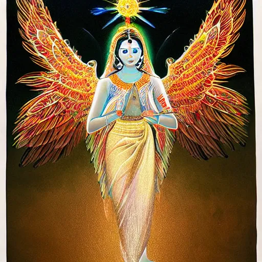 Image similar to Sri lankan girl as a winged angel covered in eyes with glowing halo, iridescent, seraphim, art by Hideyuki Kikuchi,