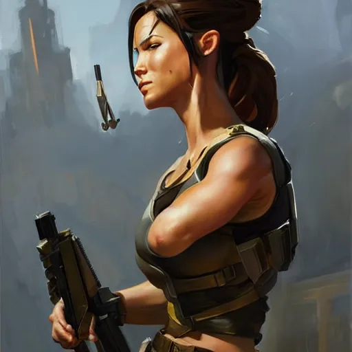 Prompt: greg manchess portrait painting of armored lara croft as overwatch character, medium shot, asymmetrical, profile picture, organic painting, sunny day, matte painting, bold shapes, hard edges, street art, trending on artstation, by huang guangjian and gil elvgren and sachin teng