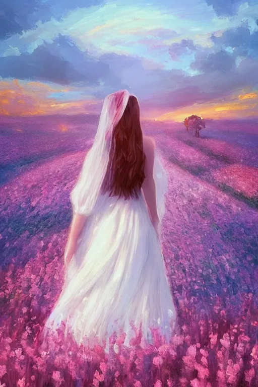 Image similar to giant white flower head, veil girl walking in a flower field, surreal photography, sunrise, dramatic light, impressionist painting, colorful clouds, digital painting, artstation, simon stalenhag