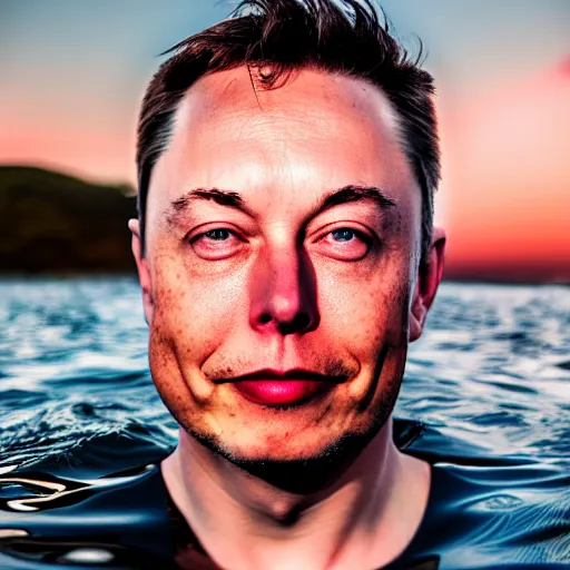Image similar to water artwork manipulation in the shape of the face of elon musk, on the ocean water, ray tracing, realistic water sharp focus, long shot, 8 k resolution, cinematic, amazing water art