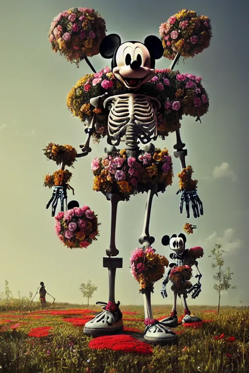 Prompt: a skeletal, mickey mouse made out of flowers and bones, taking a giant robot for a walk in the countryside by beeple, nychos and arcimboldo, highly detailed octane render