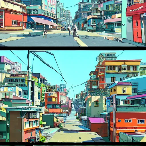 Image similar to city street, sloped street, city on mountainside, street scene, colorful buildings, cel - shading, 2 0 0 1 anime, flcl, jet set radio future, golden hour, japanese town, concentrated buildings, japanese neighborhood, construction site, cel - shaded, strong shadows, vivid hues, y 2 k aesthetic