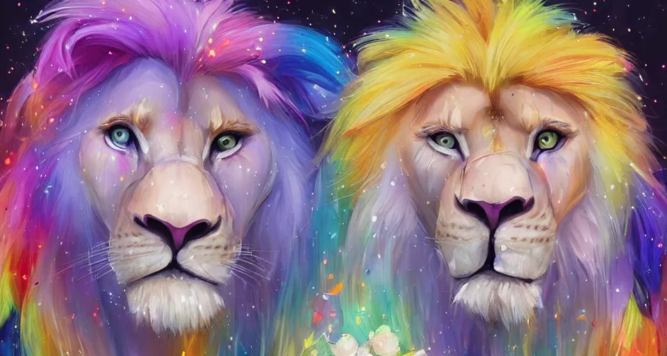 Prompt: aesthetic portrait commission of a albino male furry anthro lion surronded by rainbow confetti at a gay pride festival with his male lion anthro friends, bright and sunny atmosphere, Character design by charlie bowater, ross tran, artgerm, and makoto shinkai, detailed, inked, western comic book art, 2021 award winning painting