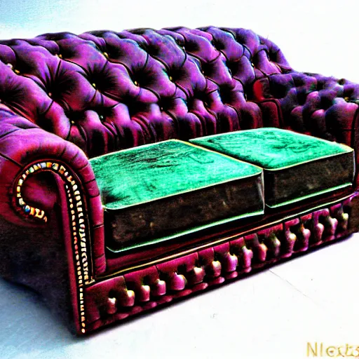 Image similar to couch sofa chesterfield flying through space psychedelic trippy eldritch horror cartoon