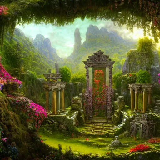 Image similar to a beautiful and highly detailed matte painting of a lost celtic temple in a magical fantasy garden, colorful flowers, psychedelic patterns, epic scale, insanely complex, hyperdetailed, sharp focus, hyperrealism, artstation, cgsociety, 8 k, bright colors, by caspar friedrich, albert bierstadt, james gurney, brian froud,