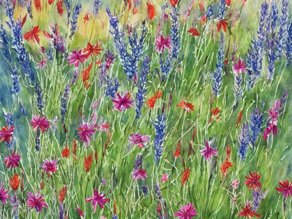 Prompt: a beautiful watercolor painting of wildflowers blooming in the sonoran desert, fantasy illustration