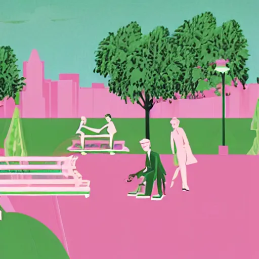 Image similar to art deco vaporwave illustration of a park with trees, benches, and a few people playing a tile game, with a futuristic pink pastel city in the background