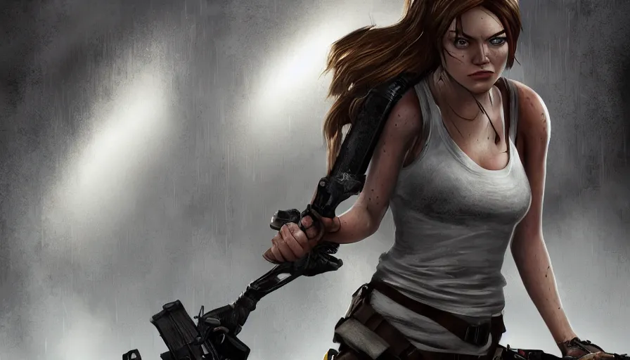 Prompt: emma stone is lara croft from tomb raider, grey background, hyperdetailed, artstation, cgsociety, 8 k