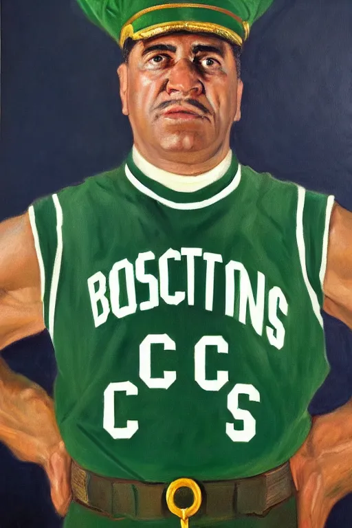 Image similar to full body portrait of the dictator of the boston celtics, 1 9 5 5, in full military garb, oil on canvas by william sidney mount, trending on artstation