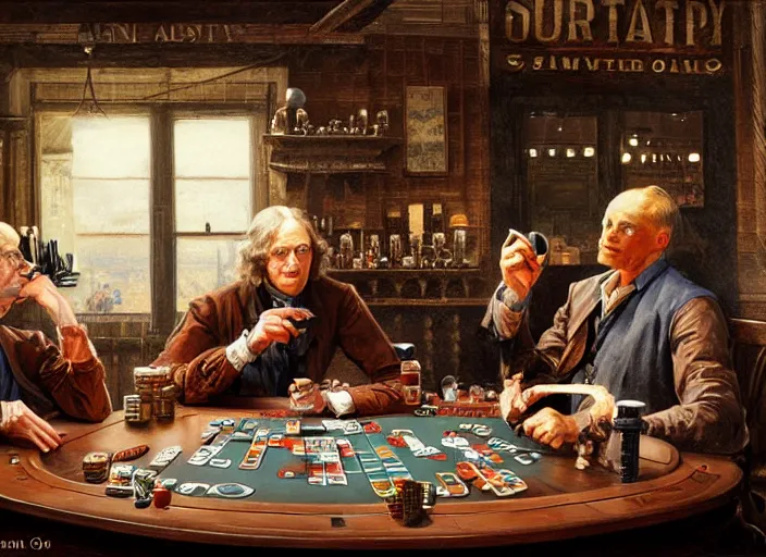 Image similar to isaac newton and stephen hawkins playing poker in an old west saloon, intricate, highly detailed, centered, digital painting, artstation, concept art, smooth, sharp focus, illustration, art by james gurney and norman rockwell and greg rutkowski