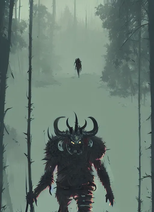 Prompt: giant oni demon in armor, walking, grey forest background, by ismail inceoglu