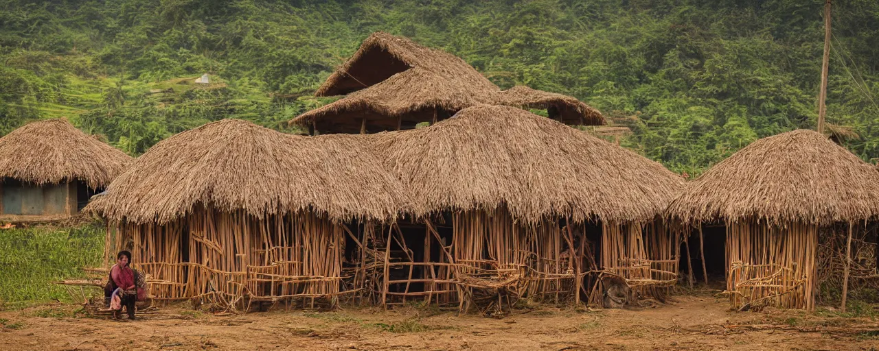 Image similar to rural vietnamese village building hut out of spaghetti, ultra - realistic faces, fine detail, canon 5 0 mm, in the style of ansel adams, wes anderson, kodachrome
