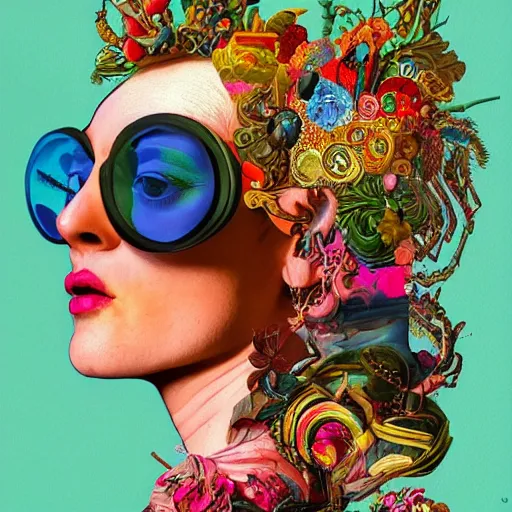 Prompt: detailed maximalist half-lenght weird portrait with elaborate interesting sunglasses. 8x HD mixed media 3D collage in the style of Caravaggio, hyperdetailed childbook illustration in vibrant pastel tones. colourful matte background no frame