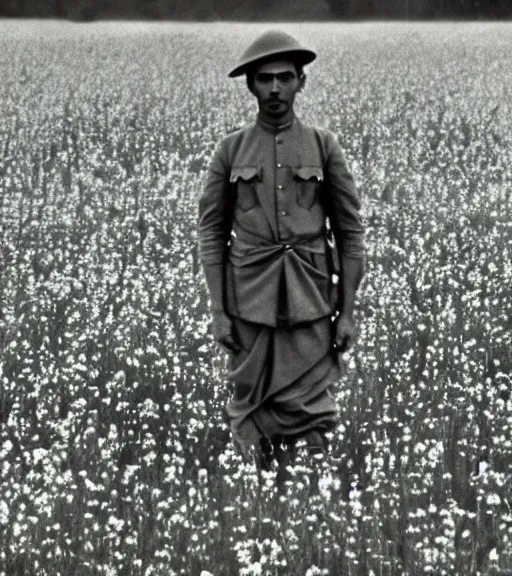 Image similar to mystical hindu god standing in tall meadow of flowers, distant, ww1 film photo, grainy, high detail, high resolution