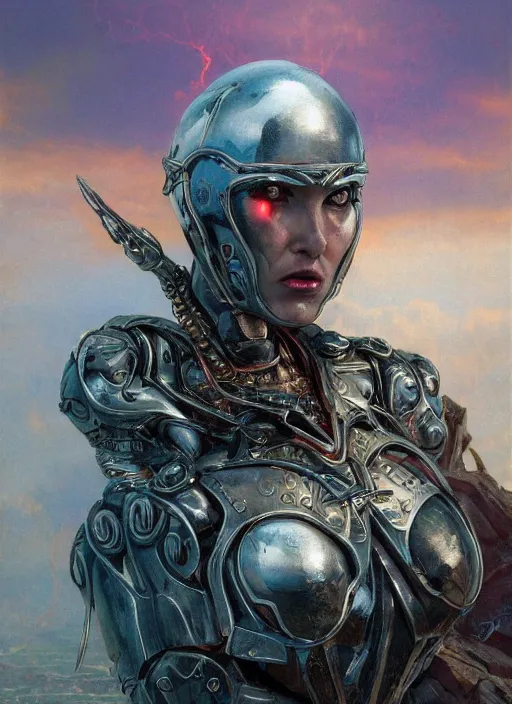 Prompt: biblical diabolical beautiful female valkyree android, slick metal armor, jump, heavy eyes to the side, closeup, bright glowing veins, in clouds, rain, sunset, portrait, by gerald brom, by mikhail vrubel, by peter elson, muted colors, extreme detail, reflections, trending on artstation, 8 k