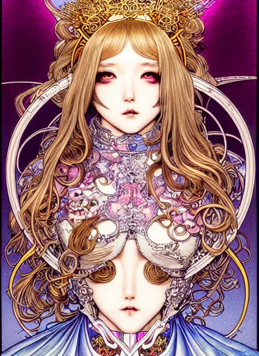 Image similar to highly detailed terada katsuya ayami kojima atrstation manga poster of princess mechine, rainbow gradient reflection, cute face by artgerm, art nouveau, long hair, armor, dress, laces, ruffles, 8 k, maximalist, golden ratio, alphonse mucha