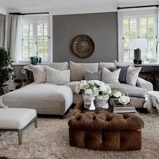 Prompt: cozy living room, grey walls, white ceiling, fireplace, medallion area rug, left hand sofa & chaise