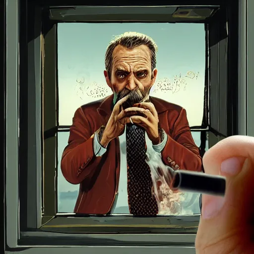 Image similar to mr. house, realistic, highly detailed face, looks at the big explosion, nuclear fungus, explosion, from the window of the lucky 3 8 casino, man smokes a cigar,! holding in his hand!, arm, cigarette advertising, hyperdetailed, artstation trending, ultra hd, artstation, photorealism, ultrarealistic, retro, 4 5 mm, elegant,