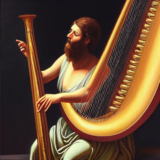 Image similar to detailed hyper - realistic painting of king david playing the harp