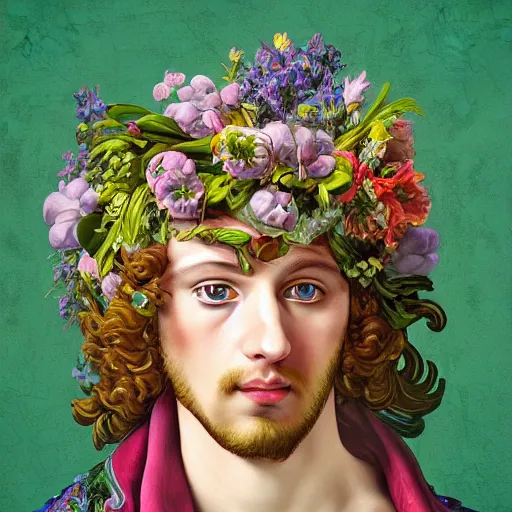 Prompt: hyperdetailed half - lenght portrait of a decomposinf man with one eye filled with flowers. art nouveau rococo baroque in the style of caravaggio. maximalist unexpected elements hd 8 x matte background in vibrant vivid pastel colour textures