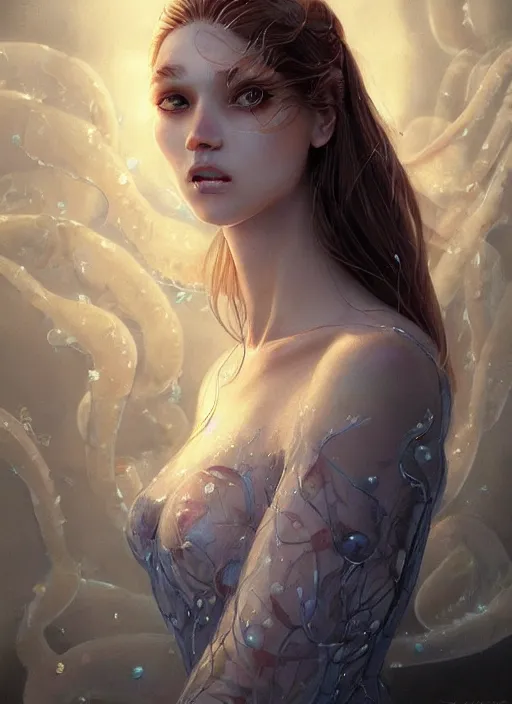 Prompt: a beautiful woman in a dress shaped like a jellyfish. beautiful highly detailed face. painting by artgerm and greg rutkowski and magali villanueve.