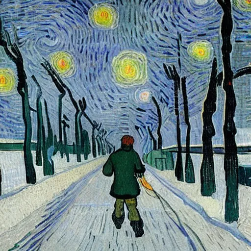Prompt: a boy with colored dread hair walking in snow, 6 : 3 0 am, painted by van gogh