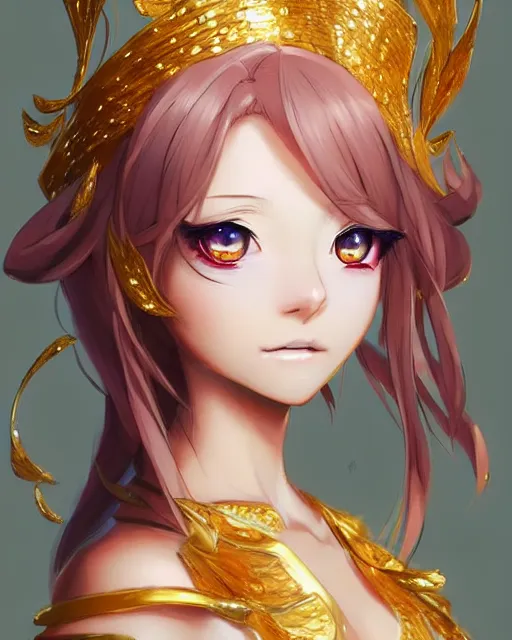 Image similar to character concept art of an anime goddess of gold and precious gems | | cute - fine - face, gossamer clothing, pretty face, realistic shaded perfect face, fine details by stanley artgerm lau, wlop, rossdraws, james jean, andrei riabovitchev, marc simonetti, and sakimichan, tranding on artstation