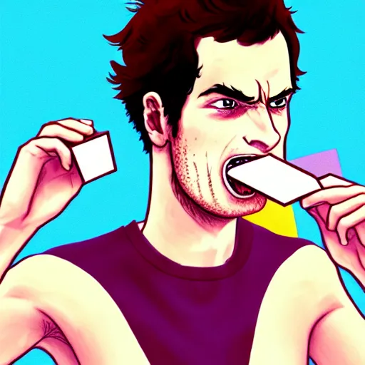 Image similar to andy murray eating chocolate on the beach, sunshine, illustration, manga, anime, trending on artstation