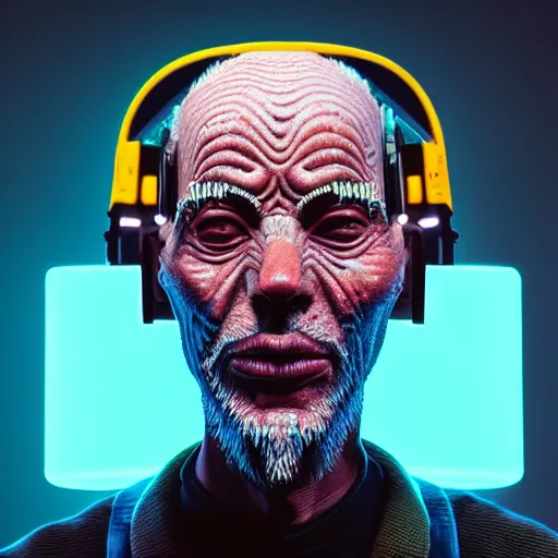 Image similar to Colour Photography of 1000 years old man with highly detailed 1000 years old face wearing higly detailed cyberpunk VR Headset designed by Josan Gonzalez. Man eating higly detailed hot-dog. In style of Josan Gonzalez and Johannes Vermeer and Mike Winkelmann and Caspar David Friedrich. Rendered in Blender