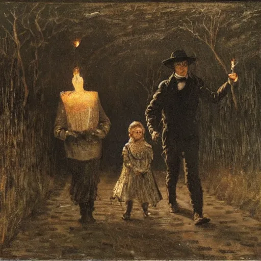 Image similar to young victorian man and woman traversing a dark stone maze, holding torches, hiding, fleeing, painted by alfred stevens